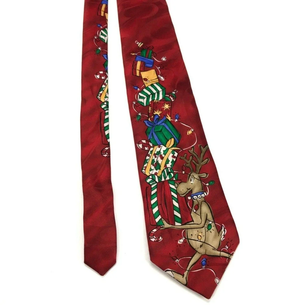 Noel Christmas Tie Holiday Reindeer Gifts String Light Holiday 100% Silk Necktie